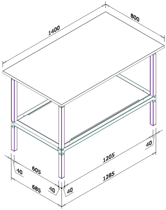 Banco lavoro metallico con piano in nobilitato superiore cm. 140x80x93h