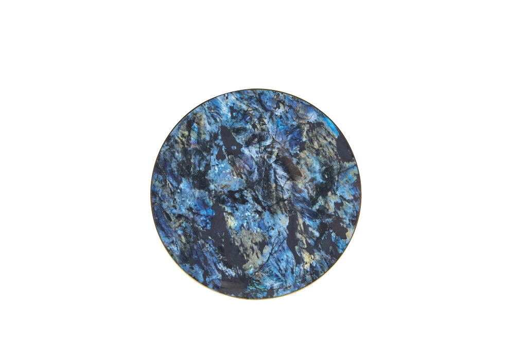 Tavolino basso rotondo con piano effetto marmo e bordo in metallo dorato, per soggiorno e camera da letto, blu, diametro 60 cm