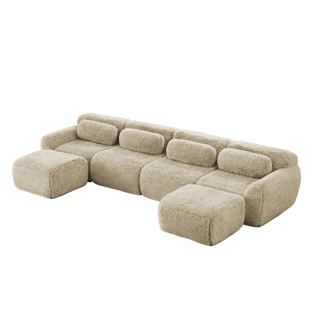 Divano Modulare ad Angolo a U con Configurazione Libera, Base Antiscivolo e Cuscini in Peluche Cachi Chiaro