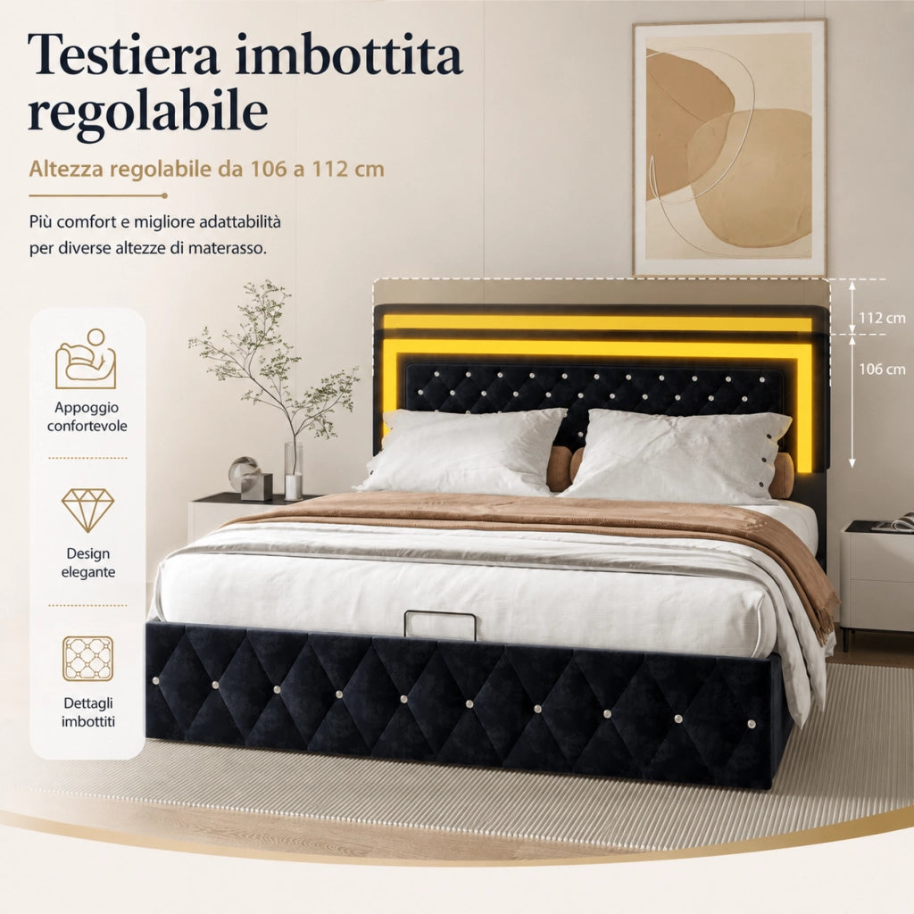 Letto con vano contenitore idraulico 160x200cm, rivestimento velluto nero, testiera trapuntata LED RGB controllabile da telecomando