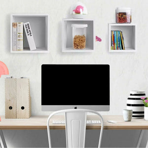 Set 3 Mensole da Parete Cubo in Legno MDF Moderne con 2 Ripiani Bianco