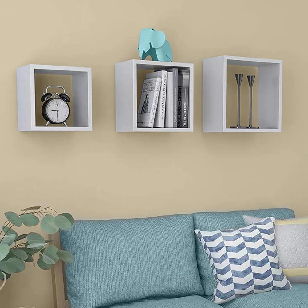 Set 3 Mensole da Parete Cubo in Legno MDF Moderne con 2 Ripiani Bianco
