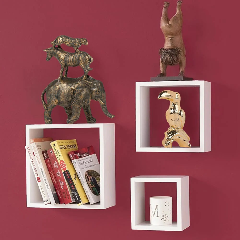 Set 3 Mensole da Parete Cubo in Legno MDF Moderne con 2 Ripiani Bianco