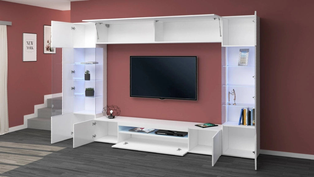Parete attrezzata Arga, Set salotto porta TV a 6 ante, Mobile soggiorno multiuso con luce LED, 100% Made in Italy, cm 290x40h191, Bianco lucido
