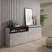 Credenza, Mobile, 200x35x75cm, 4 Porte, Camino elettrico, grigio cemento RF2369