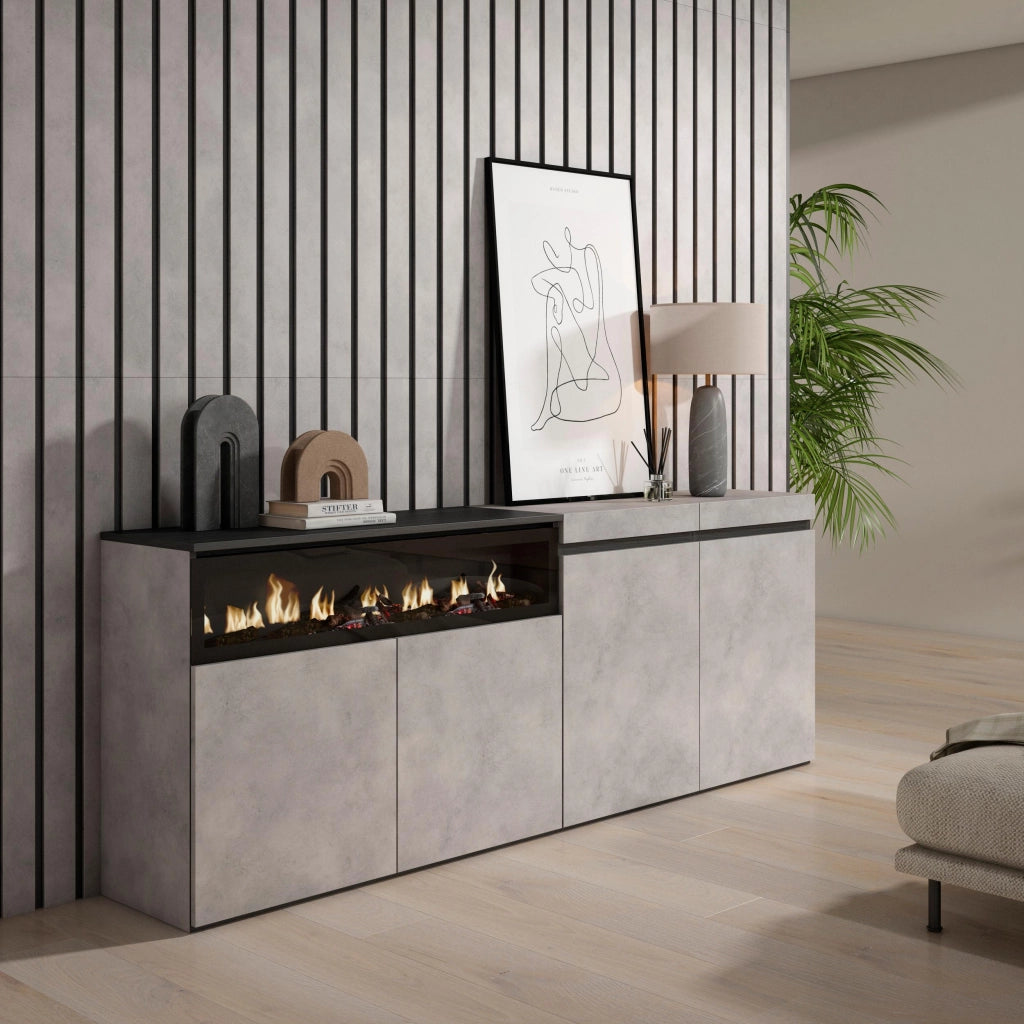 Credenza, Mobile, 200x35x75cm, 4 Porte, Camino elettrico, grigio cemento RF2369