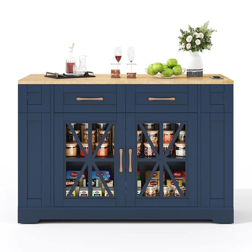 ?lot da cucina portatile 120 cm - Xylo - Tavola pieghevole, ripiani aperti, prese AC/USB