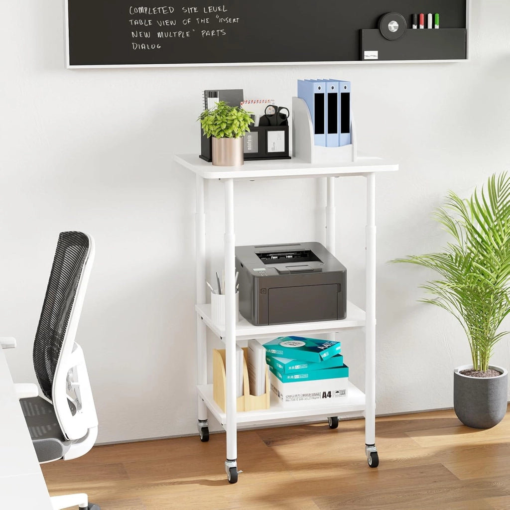 Supporto per Stampante, Carrello Stampante a 3 Livelli con Ripiani di Stoccaggio e Ruote con Blocco, Altezza Regolabile, per Stampante 3D Scanner Fax, 49 x 40 x 65/77 cm (Bianco)