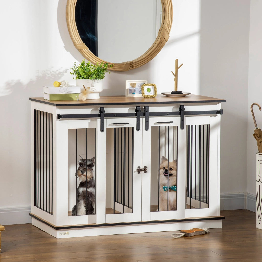 Gabbia per cani con divisorio rimovibile e doppie porte con griglie ventilazione in legno bianco 120 × 60 × 88,5 cm