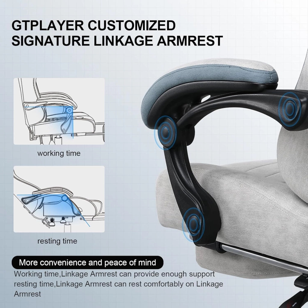 Sedia da gaming, ergonomica, da scrivania, con superficie in tessuto, cuscino a molla, braccioli di collegamento e poggiapiedi, Grigio