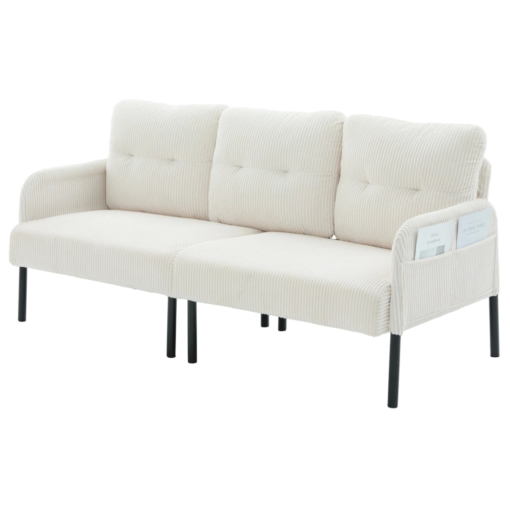 Divano 3 posti in tessuto corduroy beige con tasche laterali; 171 x 72 x 80 cm
