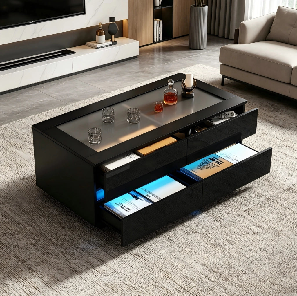 Tavolino da salotto nero 100x50x40 cm con 4 cassetti; LED; piano in vetro temperato