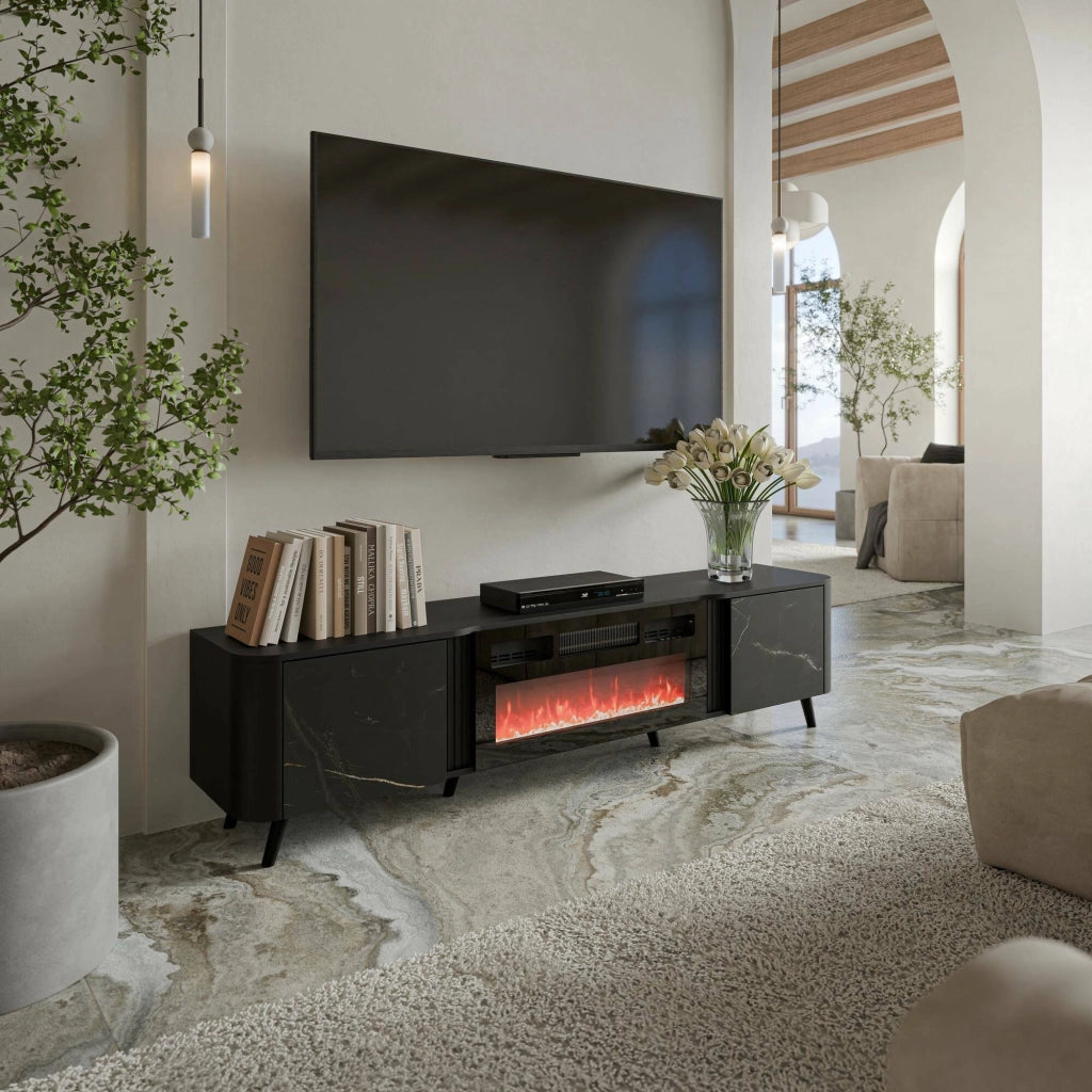 Mobile porta TV Vicino, Madia da salotto con due ante battenti e camino elettrico, Rialzato da terra, 191x40 h58 cm, Marmo e Nero