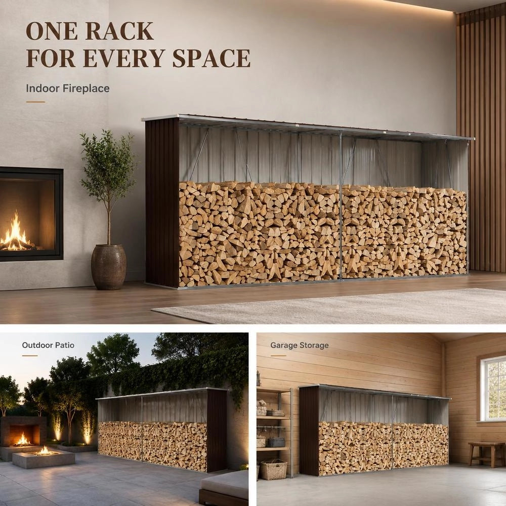 Firewood Storage Unit, Galvanized Steel, 330x84x152 Cm, Brown