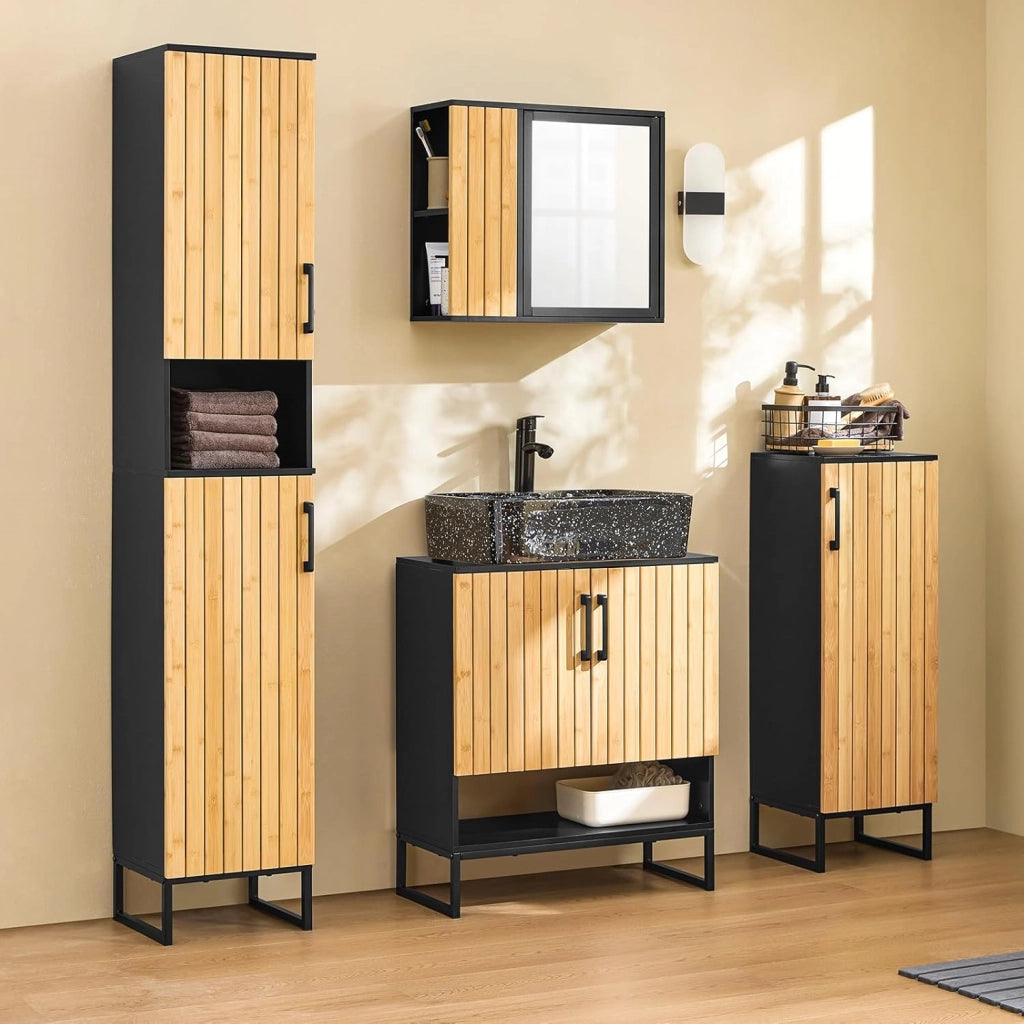 Mobile Sottolavabo Bagno 60 cm Mobiletto Salvaspazio con Ante in Bambù e Piedini in Metallo Armadietto Moderno Sotto Lavabo per Bagno Piccolo BZR202-SCH