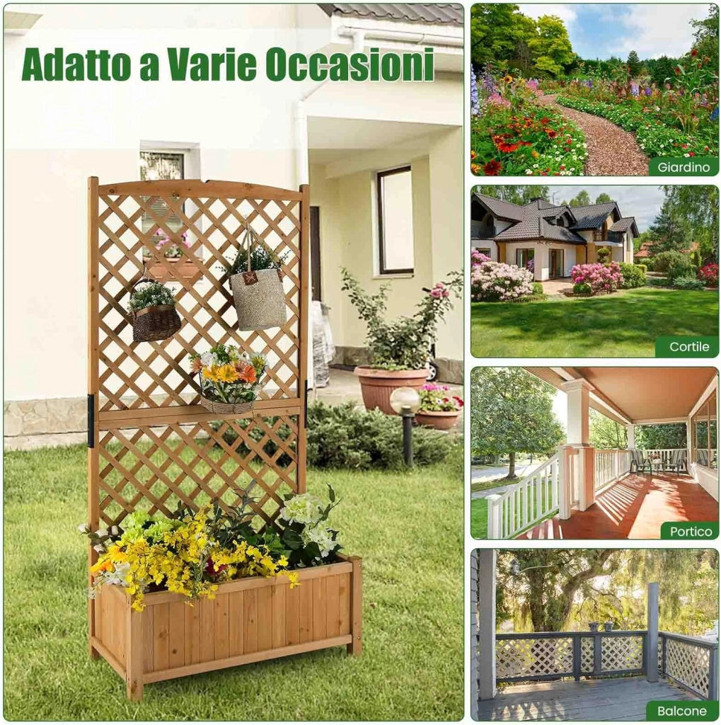 Fioriera da Esterno con Grigliato, Letto Rialzato in Legno con Traliccio e Fori di Drenaggio, Aiuola Rialzata per Piante Rampicanti e Fiori, 90 x 44,5 x 180,5 cm (Arancione)