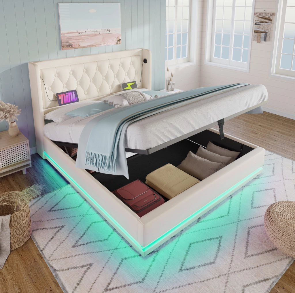Letto contenitore imbottito 160x200 cm in PU bianco con LED e USB Type-C
