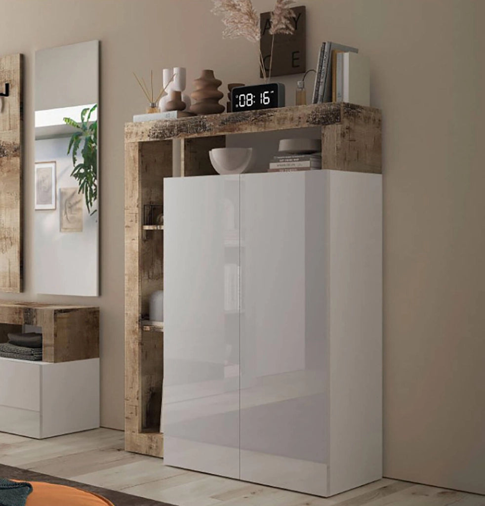 Armadio multiuso 2 ante Cipresso, Mobile multifunzionale, Mobiletto scarpiera, Porta scarpe, Made in Italy, 78x35 h116 cm, Bianco lucido e Rovere