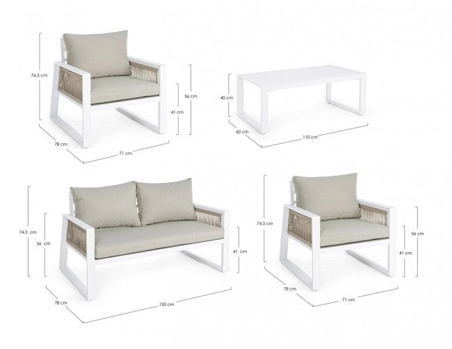 Set Salotto da Giardino Divano 2 Poltrone e Tavolino Captiva Bianco
