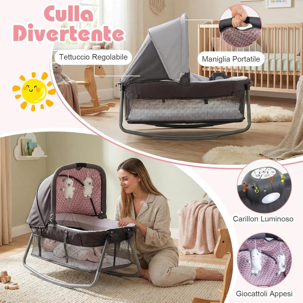 Culla Campeggio Bambini 5 in 1, Lettino Viaggio Neonati Pieghevole con Materasso, Fasciatoio e Tettoia, Box Portatile con Ruote, 2 Giocattoli Appesi e Carillon, per Bambini 0-3 Anni (Rosa)