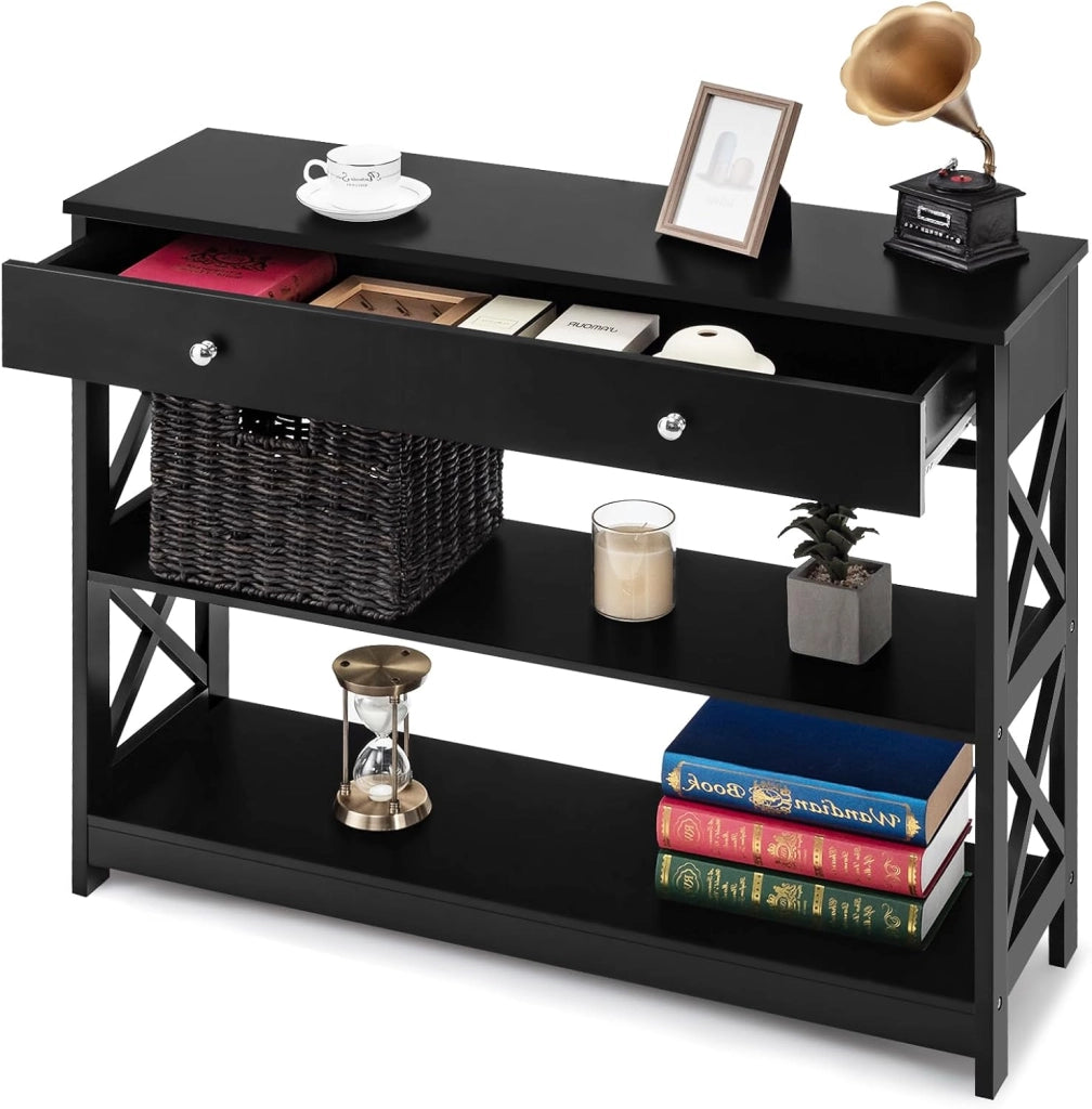Ingresso per ingresso, console da ingresso stretta a 3 livelli con ampio cassetto per chiavi, orologi e gioielli, mobile ingresso per soggiorno e camera da letto, 100 x 30 x 80 cm (nero)