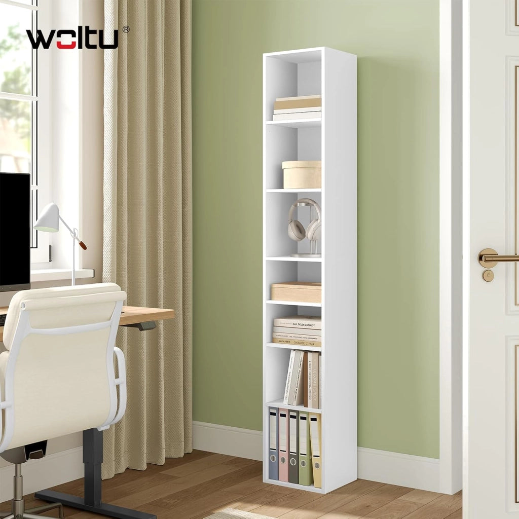 Libreria, Scaffale a 7 Livelli, 30x26x178,5 cm, Mobile Alto con Scomparti Aperti, per Ufficio/Salotto/Camera da Letto, Bianco, SK066ws