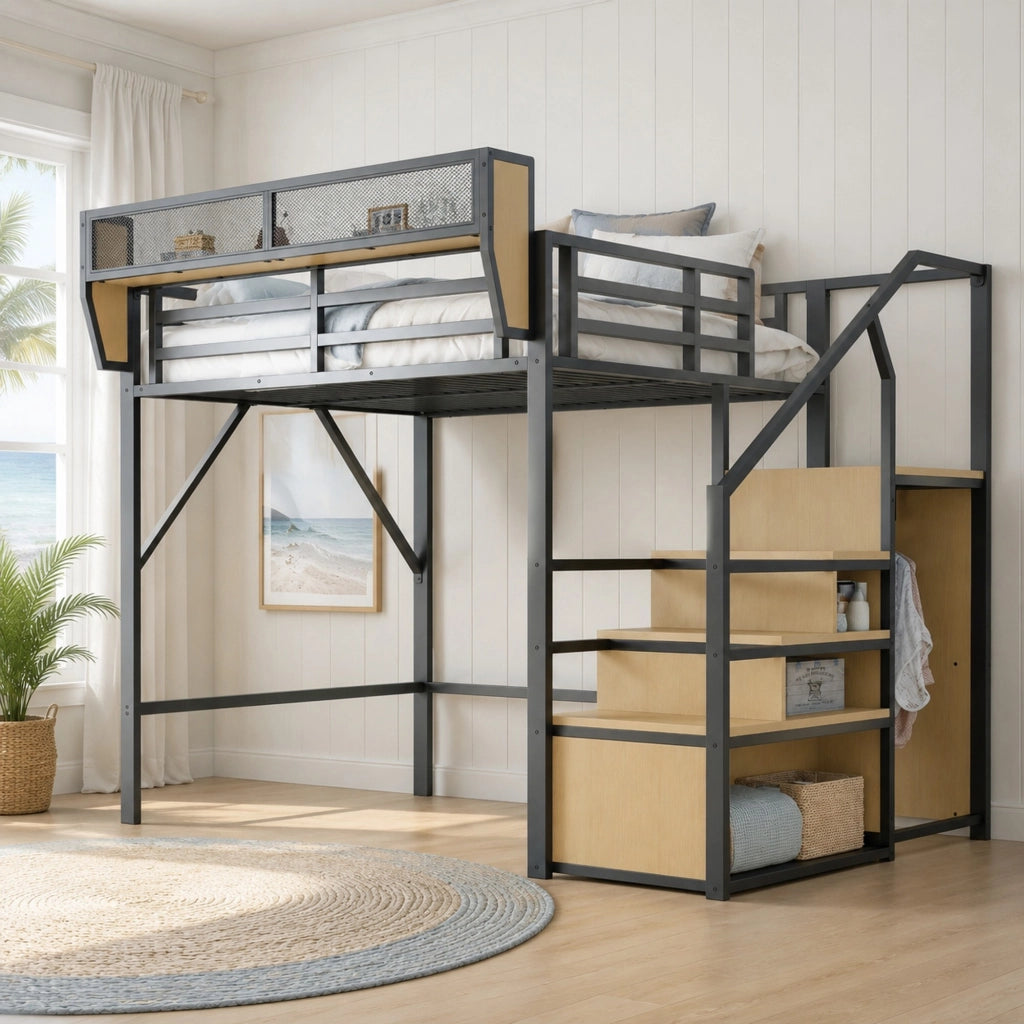 Letto a soppalco 140x200 in metallo con scala di sicurezza e ripiano flessibile, nero