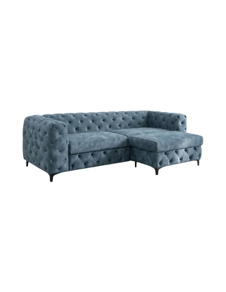 Divano ad angolo VELENA 4 posti con pouf - Velluto blu trapuntato - 235 x 74 x 157 cm