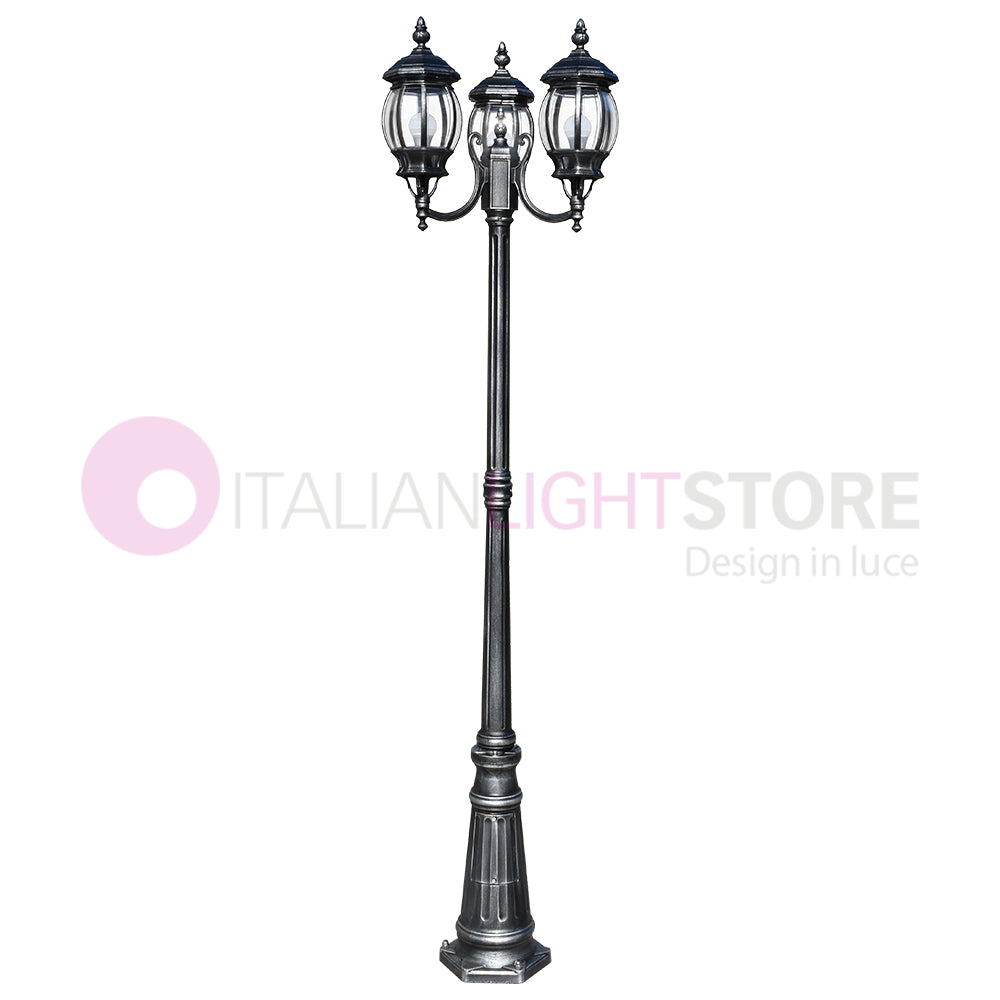 ENEA Lampione a 3 luci h.212 in Alluminio per Esterno Vialetto Giardino NERO-ARGENTO