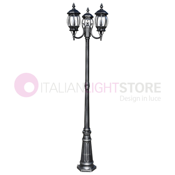 ENEA Lampione a 3 luci h.212 in Alluminio per Esterno Vialetto Giardino NERO-ARGENTO