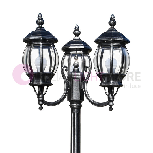 ENEA Lampione a 3 luci h.212 in Alluminio per Esterno Vialetto Giardino NERO-ARGENTO