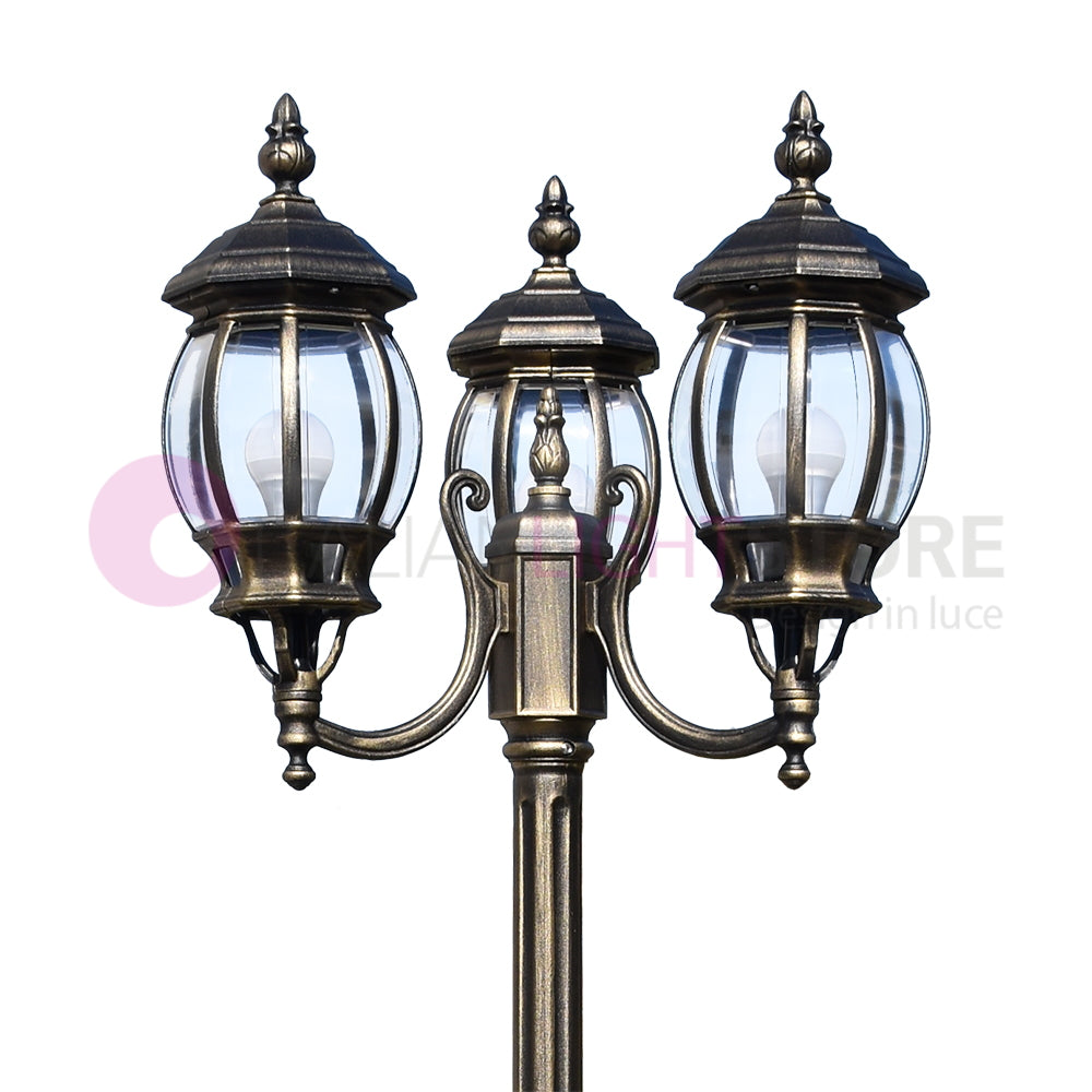 ENEA Lampione a 3 luci h.212 in Alluminio per Esterno Vialetto Giardino NERO-ORO