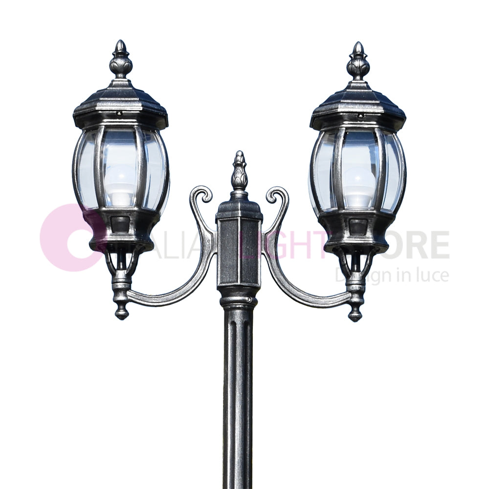 ENEA Lampione a 2 luci h.242 in Alluminio per Esterno Viale Giardino NERO-ARGENTO
