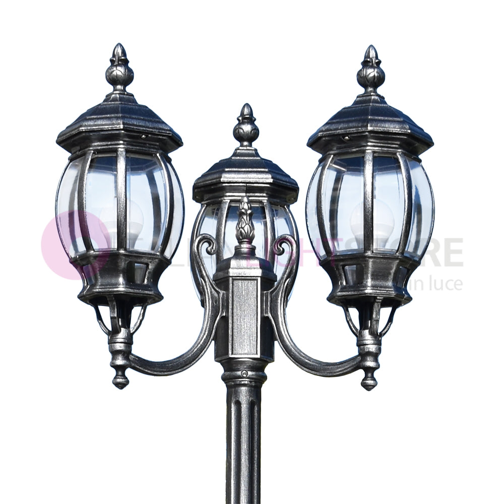 ENEA Lampione a 3 luci h.242 in Alluminio per Esterno Viale Giardino NERO-ARGENTO