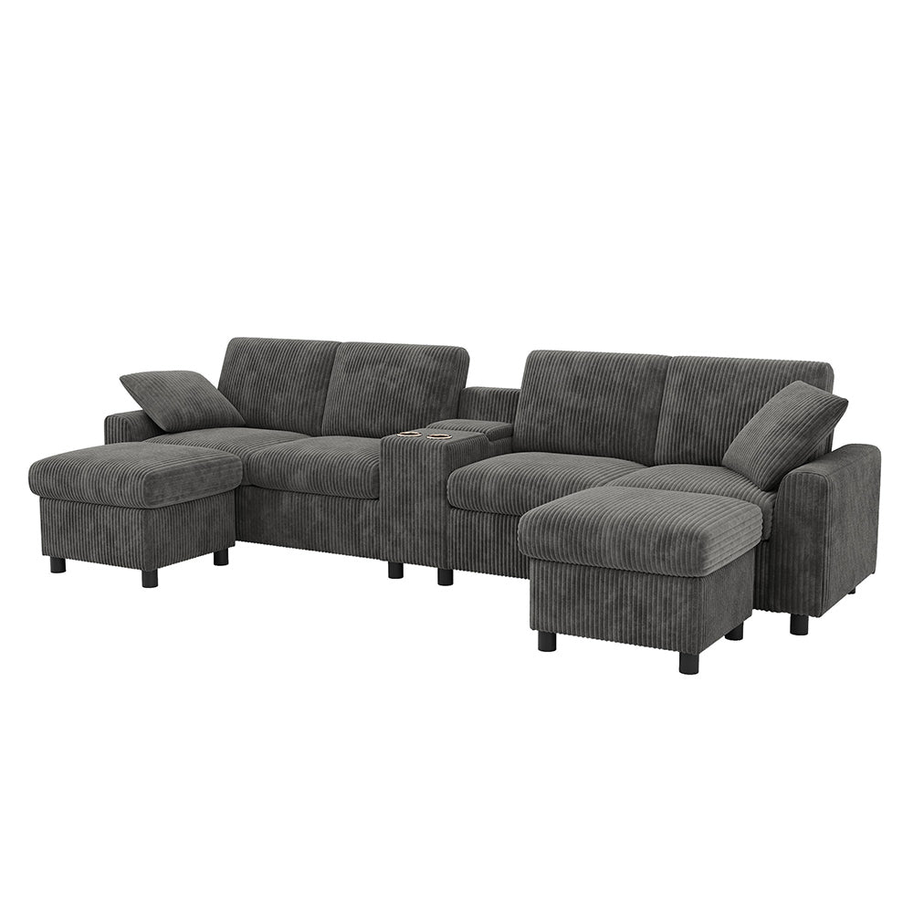 Divano a U in velluto - Xylo - Con 2 poggiapiedi, USB, Type-C, grigio (315cm)