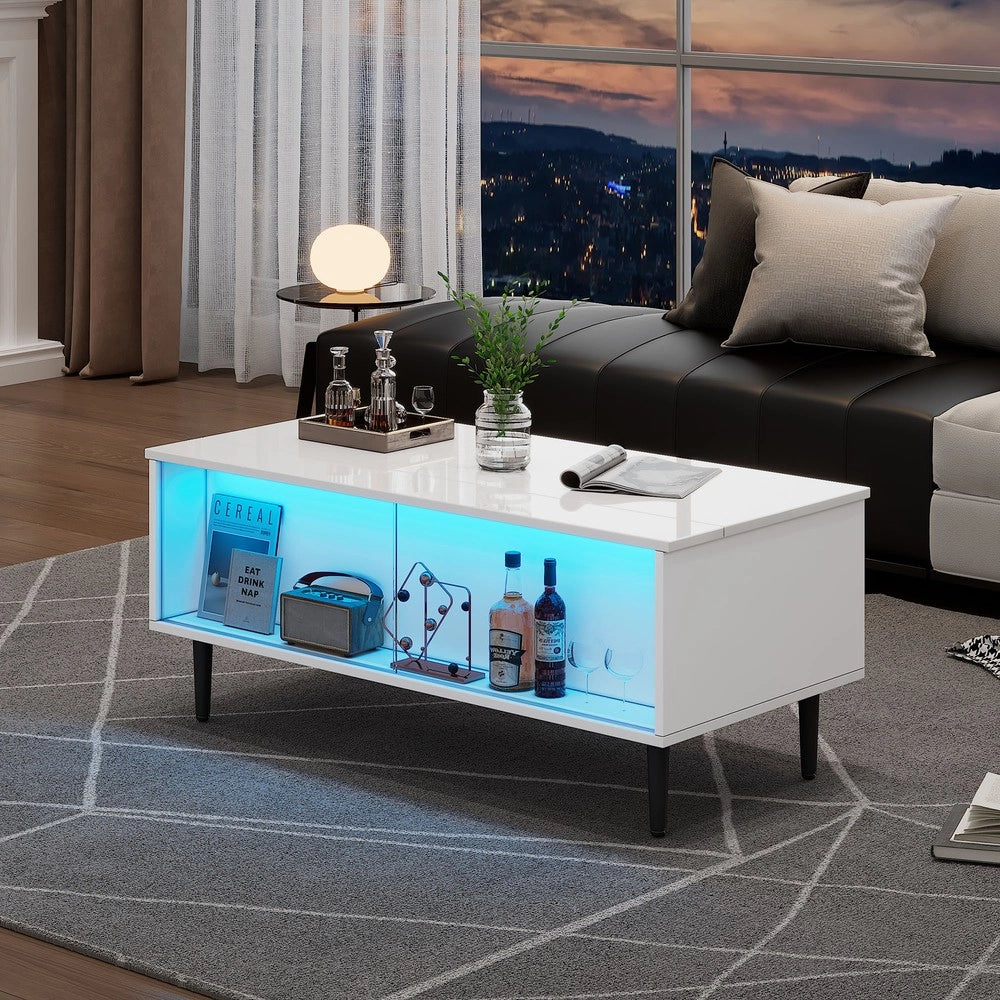 Tavolino da Caff¨¨ con LED e Ripiano in Vetro Temperato ¨C MINIMAL ¨C Bianco 105x50x43