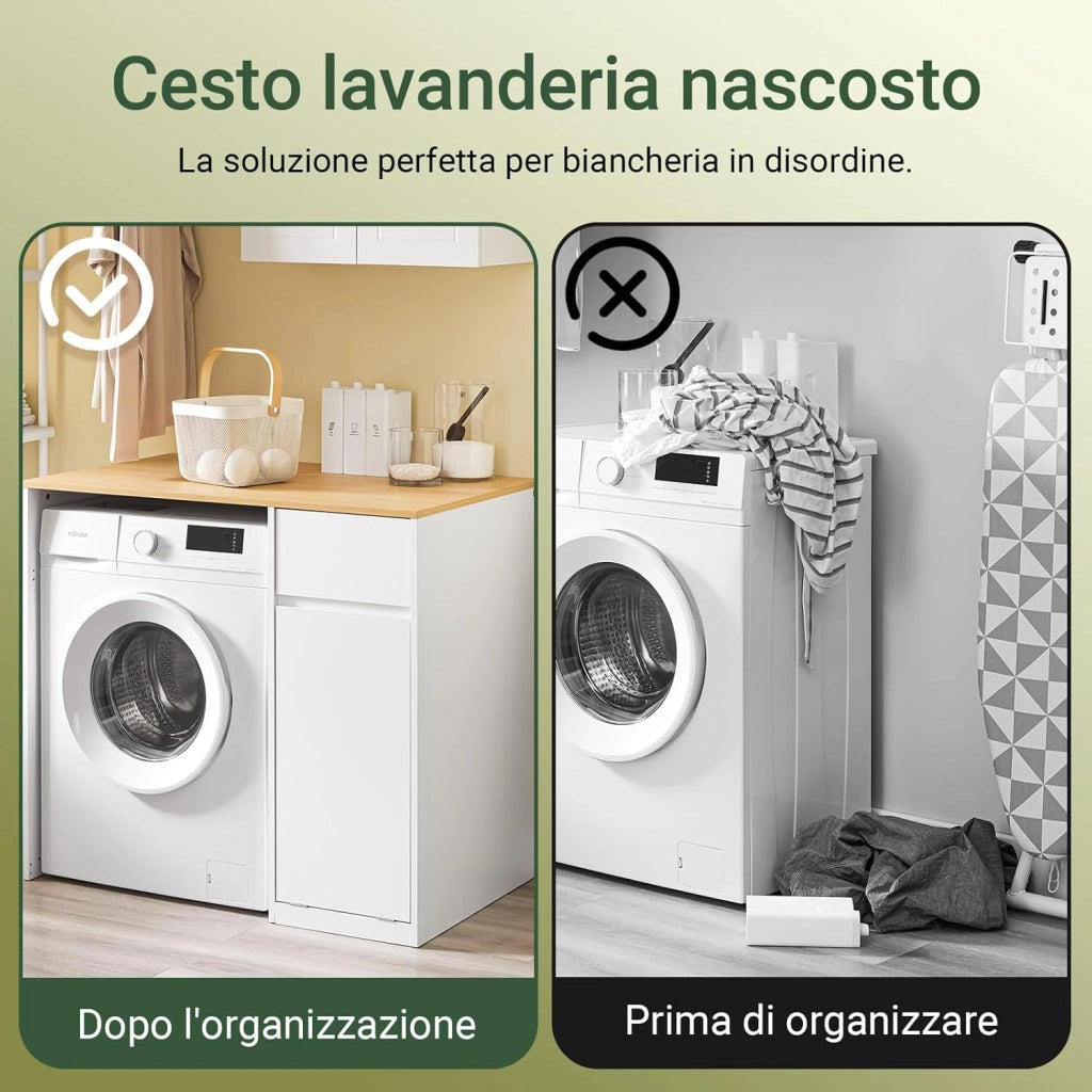Mobile per lavatrice – Armadio da bagno con cesto portabiancheria e cassetto, per lavatrice e asciugatrice, Mobiletto salvaspazio legno, Bianco,100×60×90 cm, BZR217-WN