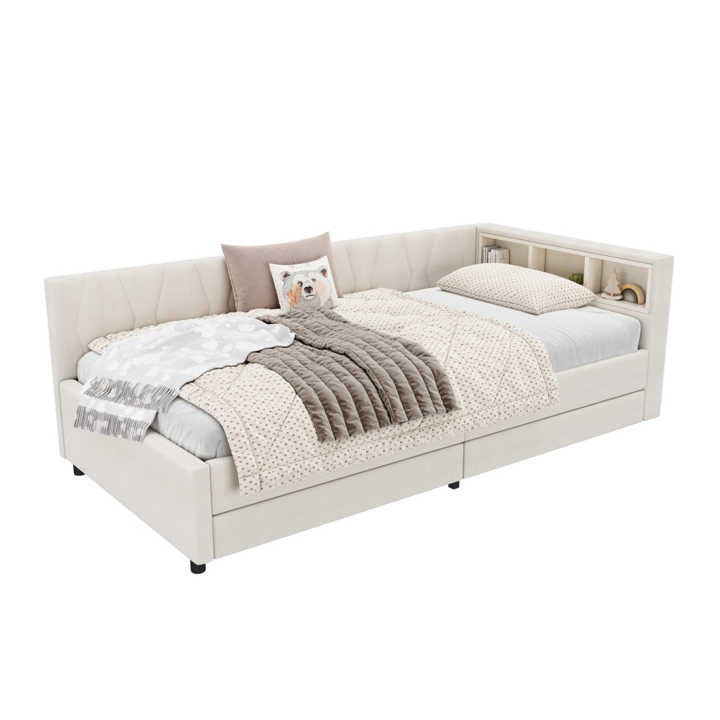Divano letto con 2 cassetti; porte USB e Tipo-C; LED ambientali e doghe; lino beige; 90x200 cm; senza materasso