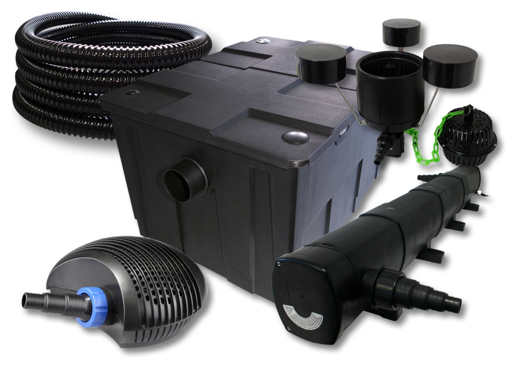 Set filtro per laghetto da 60.000l Chiarificatore 72W Pompa ECO 40W Tubo 25m Skimmer