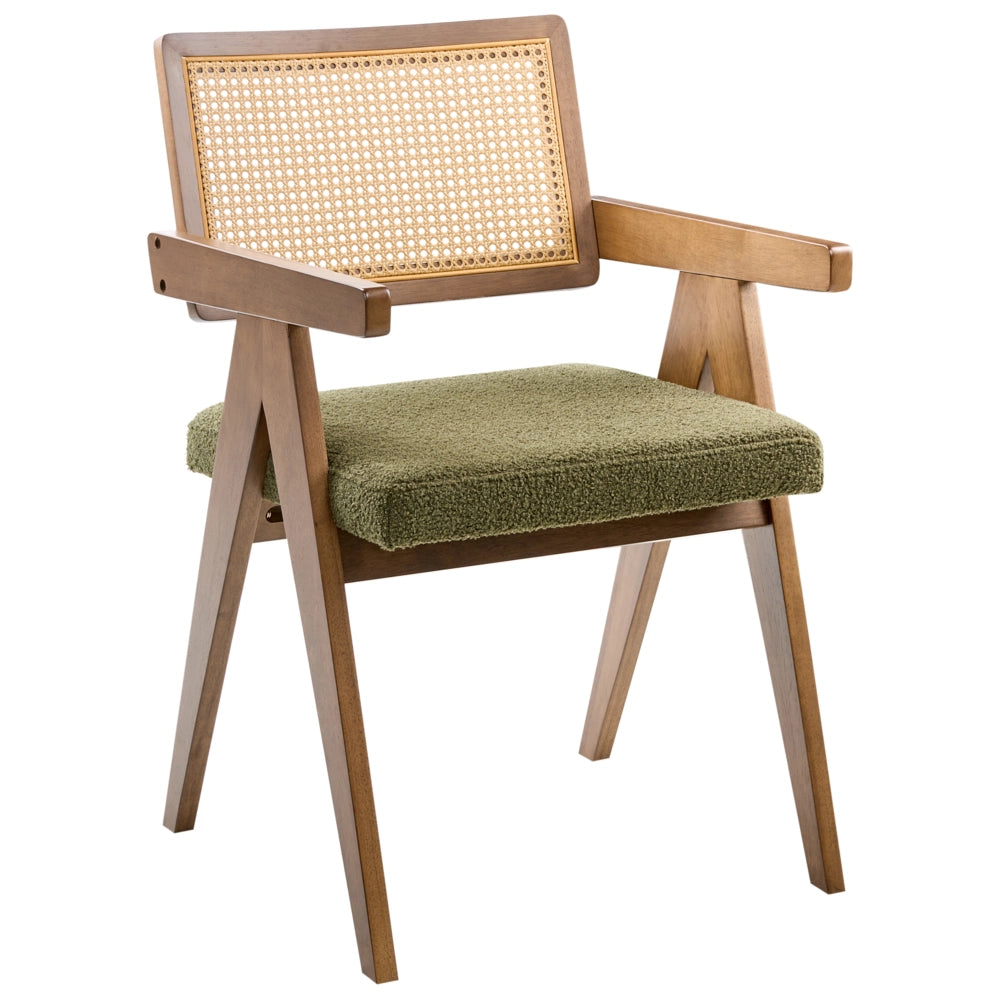 Set di 2 sedie da pranzo marrone e verde con struttura in legno di caucciù e sedile in bouclè Cucina da pranzo retrò
