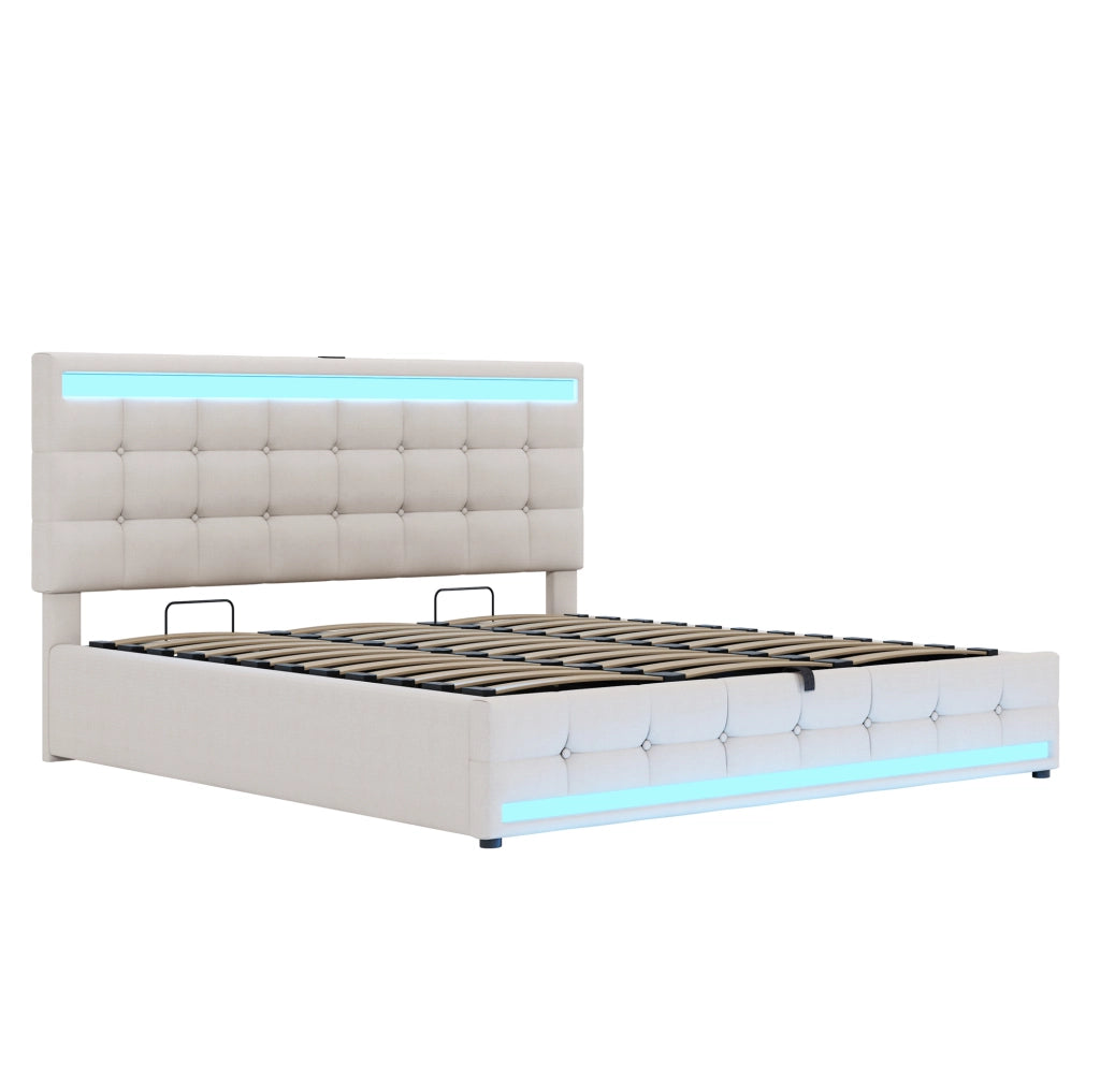 Letto matrimoniale imbottito 180x200 cm con LED RGB; USB e testiera regolabile; beige