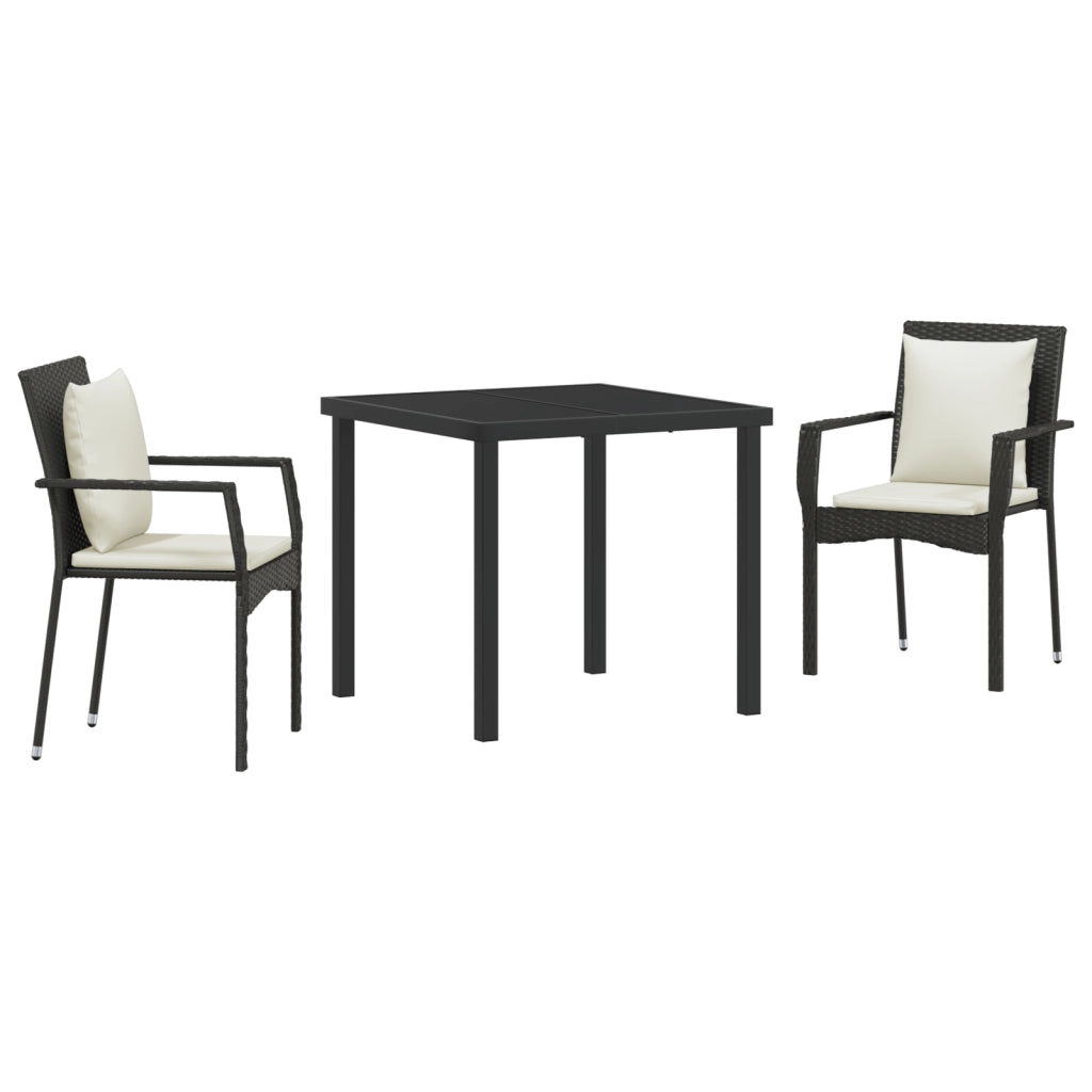 Set da Pranzo da Giardino 3 Pezzi con Cuscini Nero Rattan Poli