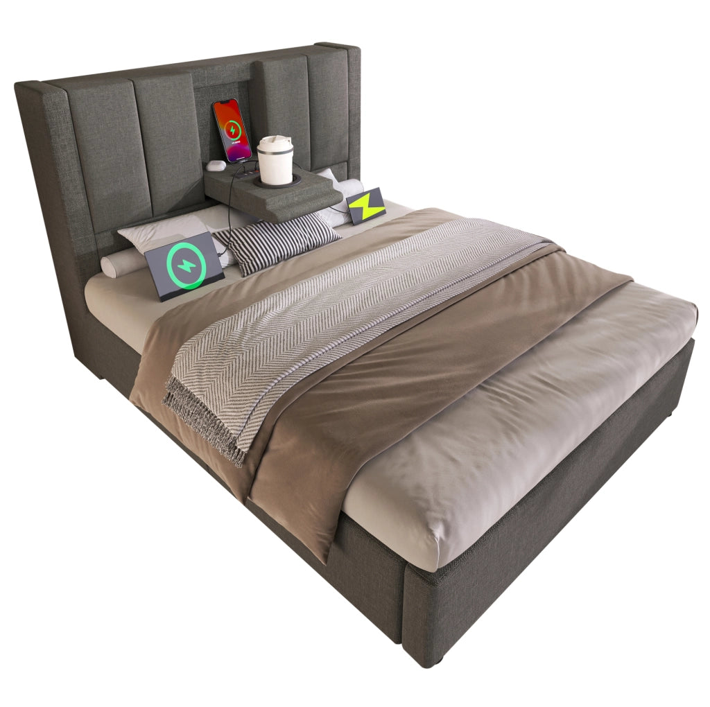 Letto contenitore idraulico 90x200 cm con portabicchiere e stazione di ricarica; lino grigio