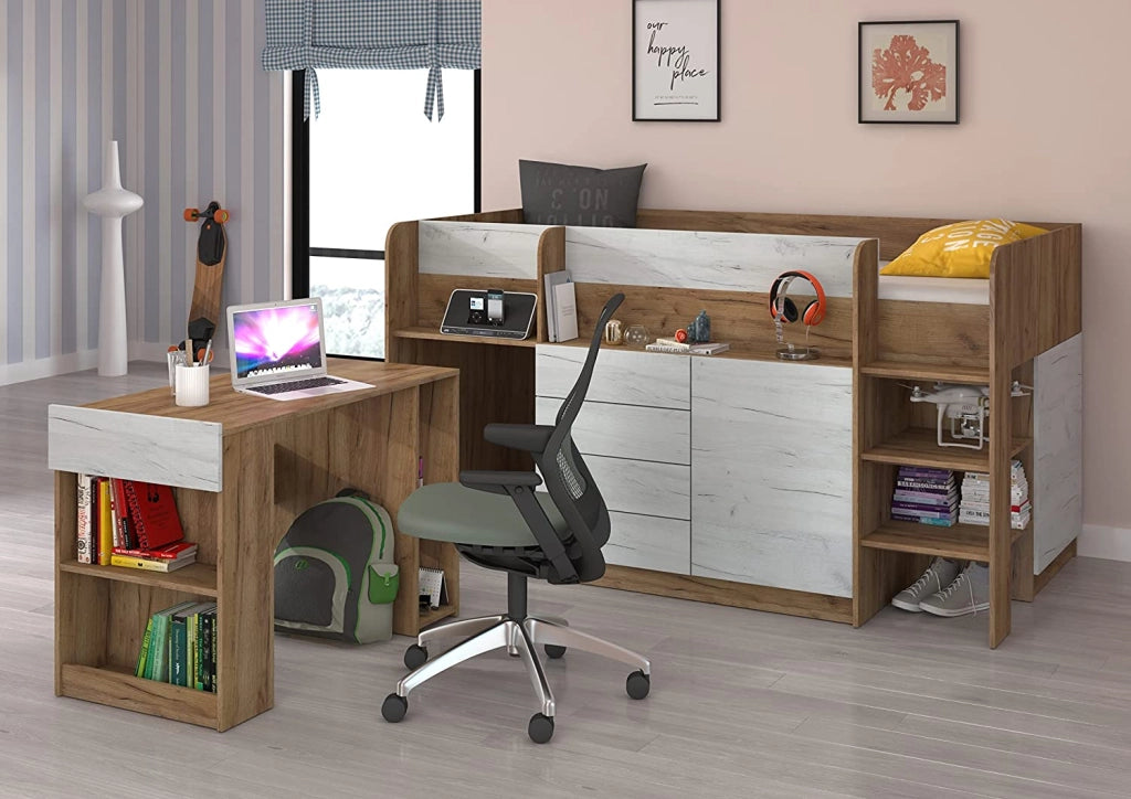 LETTO MOBILE CASS. SCRITTOIO SMILE P 204x 112x112cm LATO DESTRO ROVERE BIANCO GREZZO