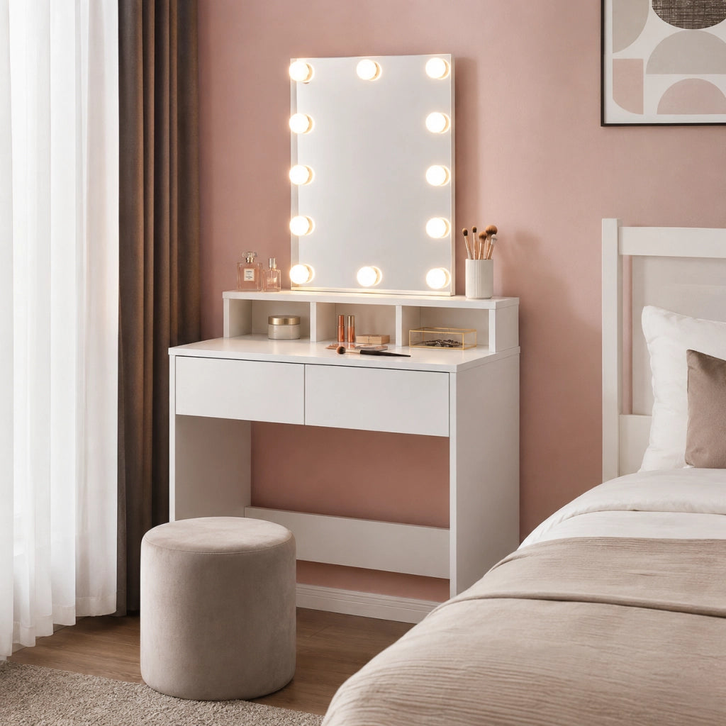 Consolle Trucco con Specchio Led 80x40 cm 2 Cassetti Luce Regolabile usb Bianca
