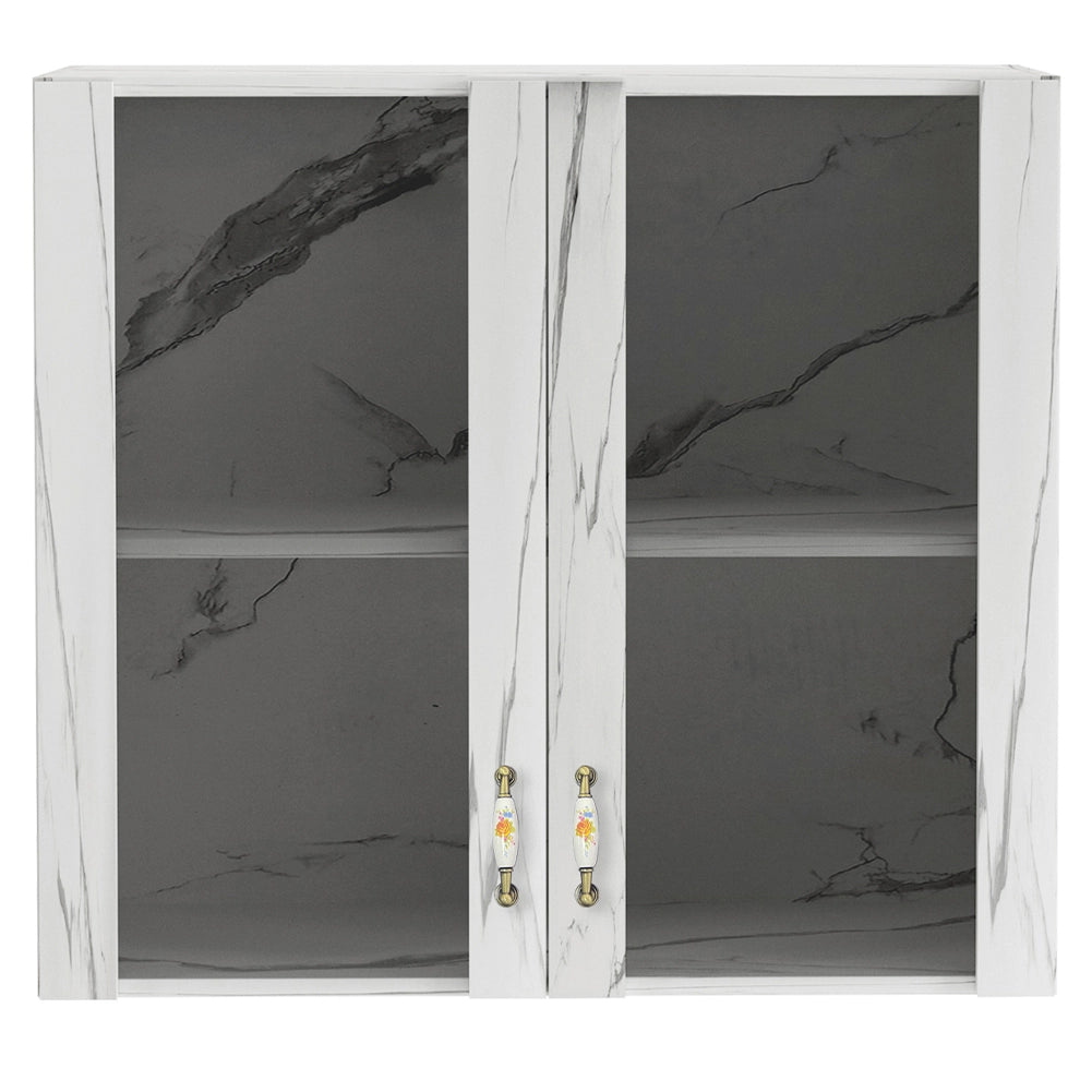 Pensile da Cucina Armadio Sospeso con Vetro da Parete Bianco Effetto Marmo