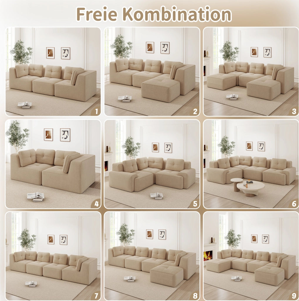 Divano angolare modulare 208x104x69 cm in corduroy beige; senza struttura rigida