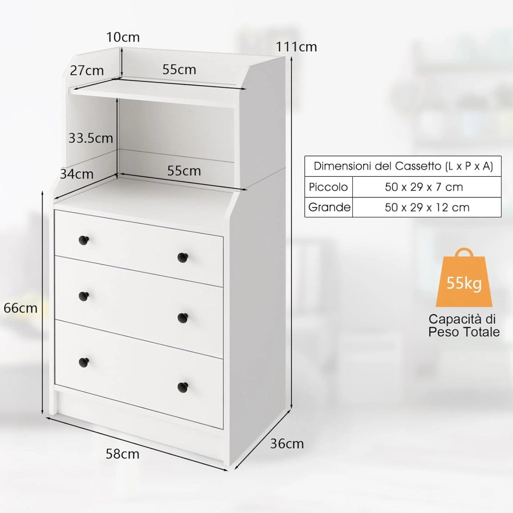 Comò a 3 Cassetti con Mensole, Organizzatore di Stoccaggio Multiuso, Cassettiera Moderna con Dispositivo Anti-Ribaltamento per Soggiorno Camera da Letto Ingresso, 58 x 36 x 111 cm