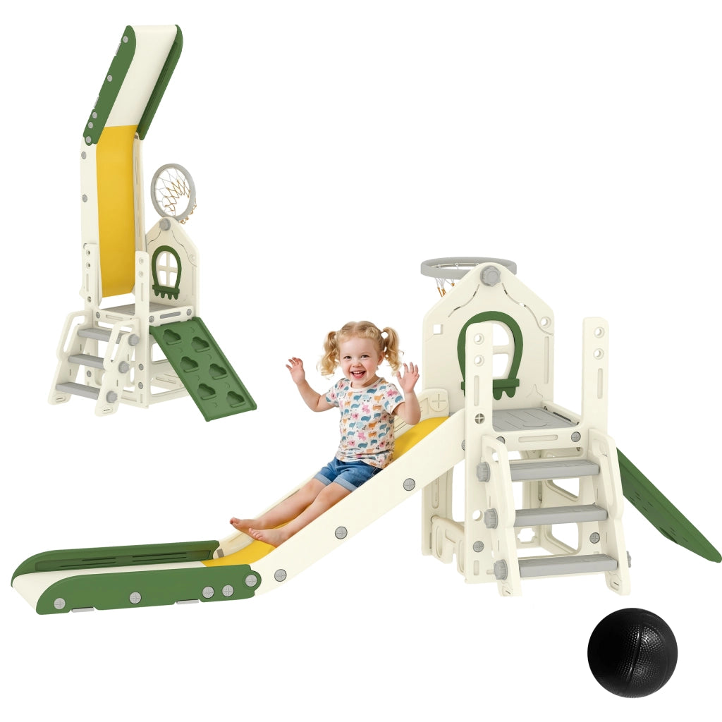 Scivolo per Bambini Pieghevole 5 in 1 con Canestro da Basket e Contenitore, per Casa, Crema