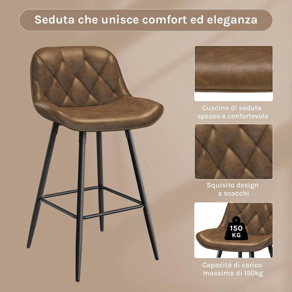 Sgabelli cucina, Sgabelli Bar con Schienale Sedia da Cucina con Poggiapiedi Sgabello Alto Imbottito Sedia in PU vintage con Gambe in Metallo per Bistrot Pub Sala da Pranzo, Marrone scuro
